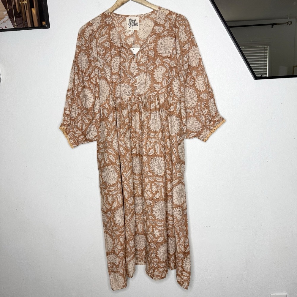 New River Goddess Brown Floral Hawa Sunflower Midi Dress Women's Medium/Large